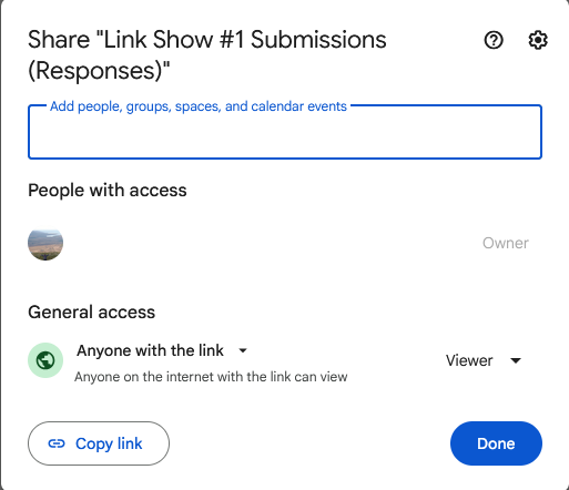 Google Sheets share dialog showing Anyone with the link set to Viewer